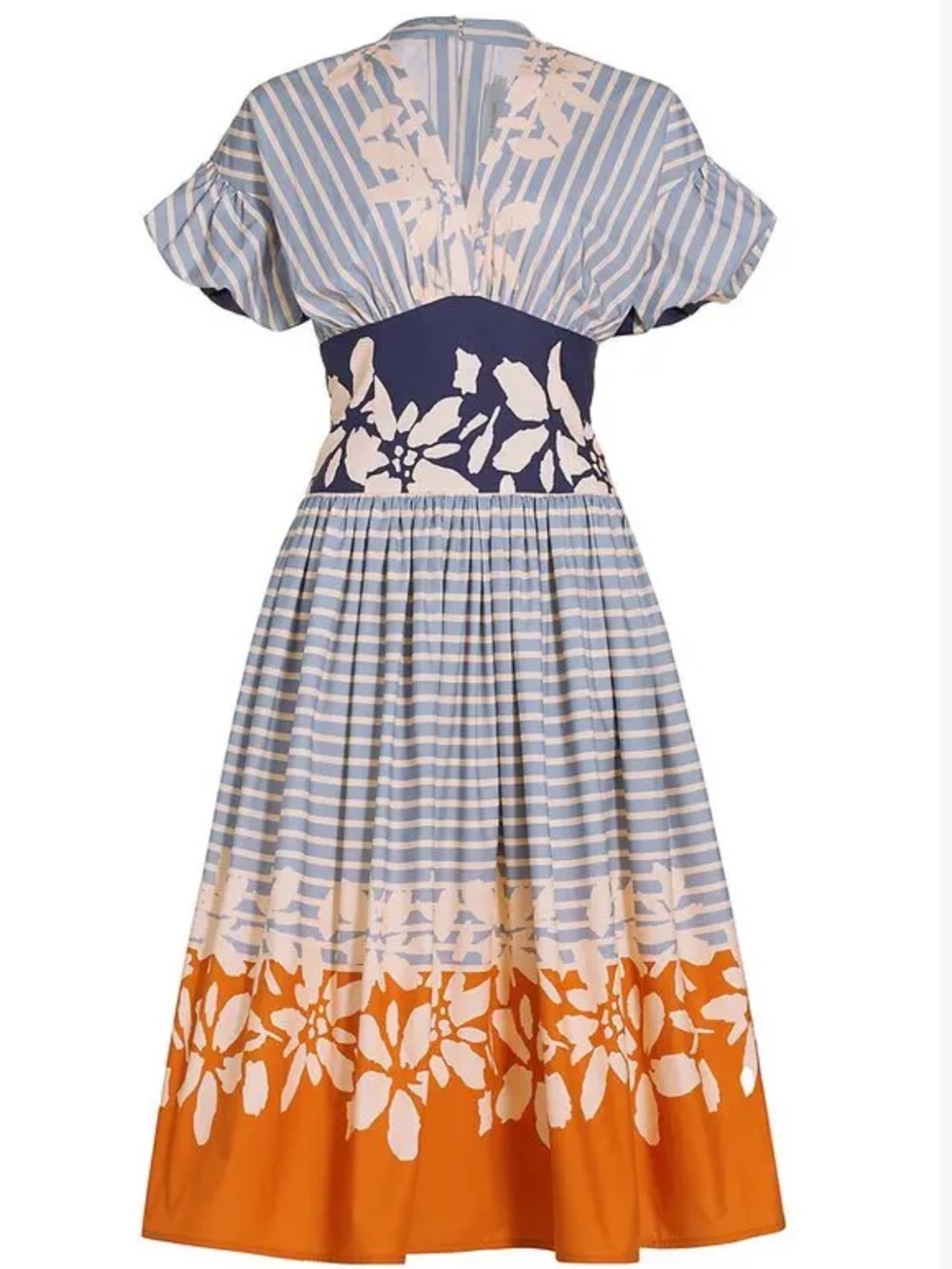 Silvia Tcherassi Armida Blue, Cream & Orange Floral Stripe cotton Midi Dress XS